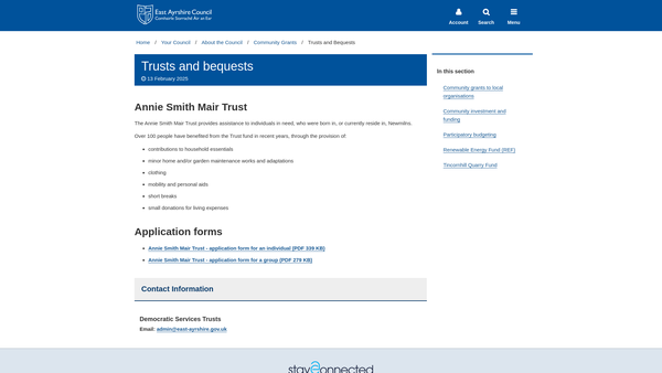 Screenshot of the Miss Annie Smith Mair Newmilns Trust Fund website