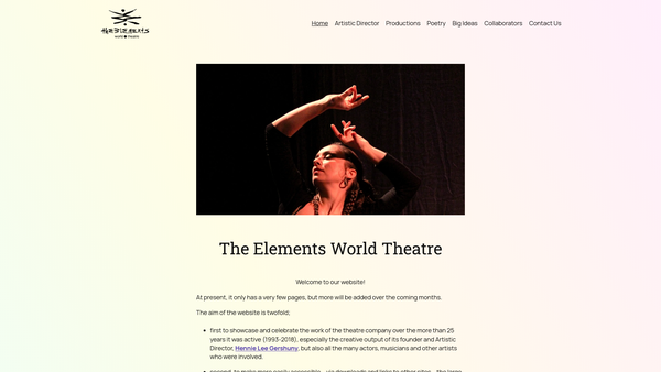 Screenshot of the Elements World Theatre website