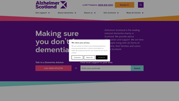 Screenshot of the Alzheimer Scotland - Action On Dementia website