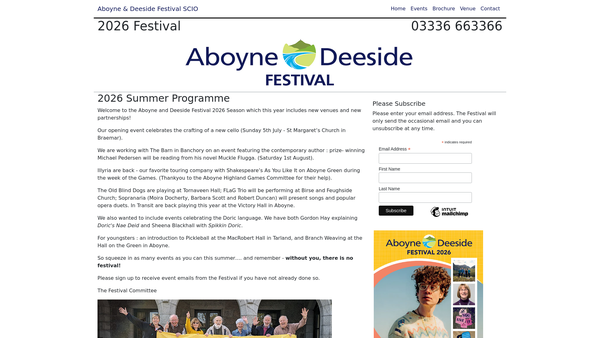 Screenshot of the Aboyne and Deeside Festival SCIO website