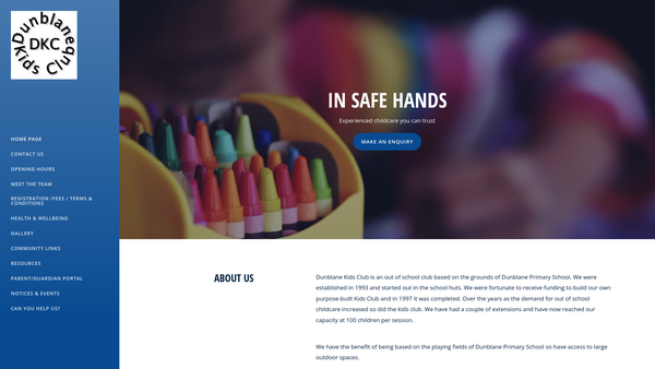 Screenshot of the Dunblane Kids Club website