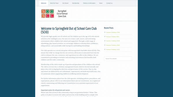 Screenshot of the Springfield Out Of School Care Club SCIO website