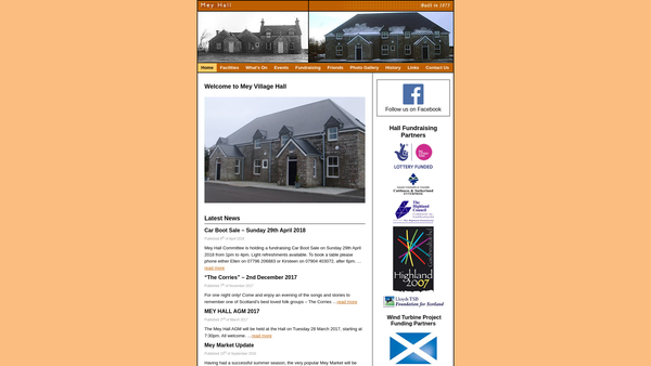 Screenshot of the Mey Village Hall website