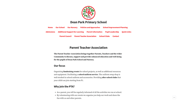 Screenshot of the Dean Park Primary School Parent Teacher Association website