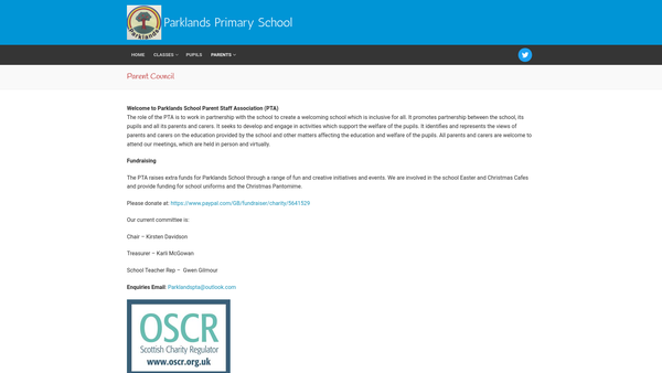 Screenshot of the Parklands School Parent Staff Association website