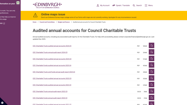 Screenshot of the City Of Edinburgh Council Charitable Funds website