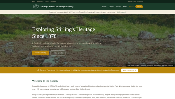 Screenshot of the Stirling Field And Archaeological Society website