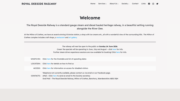 Screenshot of the Royal Deeside Railway Preservation Society website