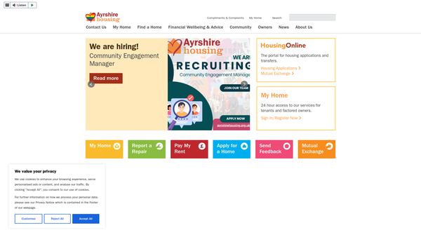 Screenshot of the Ayrshire Housing website