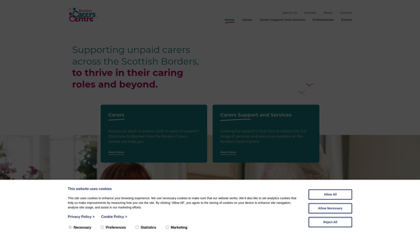 Screenshot of the Princess Royal Trust Borders Carers Centre (SCIO) website