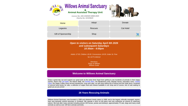 Screenshot of the Willows Animal Sanctuary website