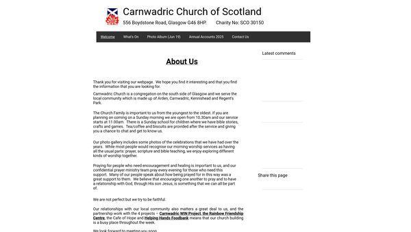 Screenshot of the Carnwadric Church of Scotland, Glasgow website