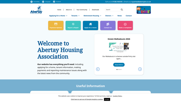 Screenshot of the Abertay Housing Association Ltd website