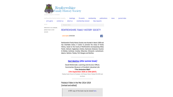 Screenshot of the Renfrewshire Family History Society website