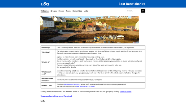Screenshot of the East Berwickshire University of the Third Age (u3a) website