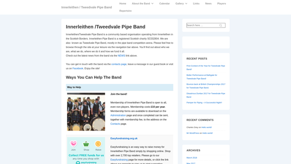 Screenshot of the Innerleithen Pipe Band website