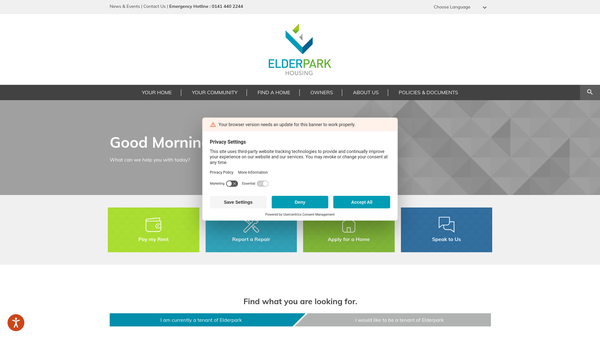 Screenshot of the Elderpark Housing Association website