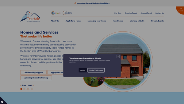 Screenshot of the Cordale Housing Association Limited website