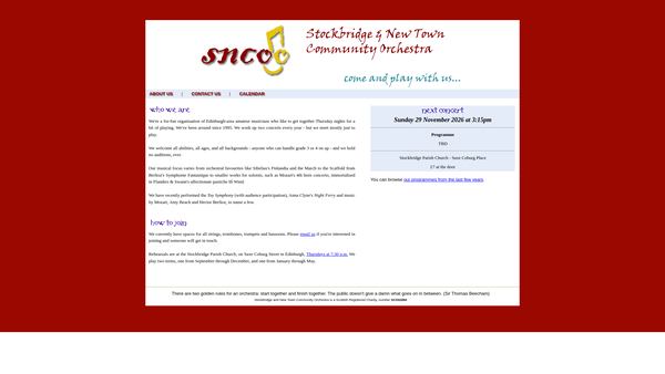 Screenshot of the Stockbridge & New Town Community Orchestra website