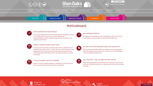 Screenshot of the Glen Oaks Housing Association Limited website