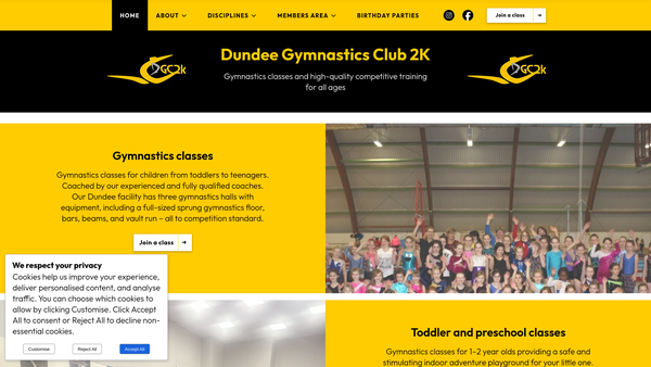 Screenshot of the Dundee Gymnastics Club 2k website