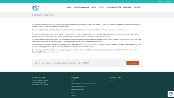 Screenshot of the Eddleston Village Hall website
