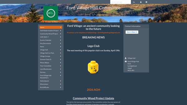 Screenshot of the Ford Village Hall Ltd website