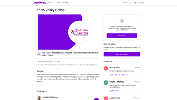 Screenshot of the NHS Forth Valley Endowment Funds website