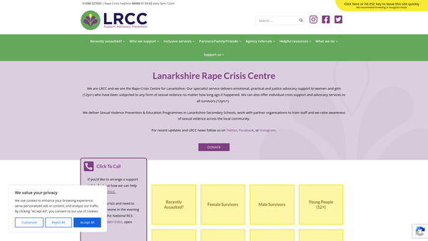 Screenshot of the Lanarkshire Rape Crisis Centre website
