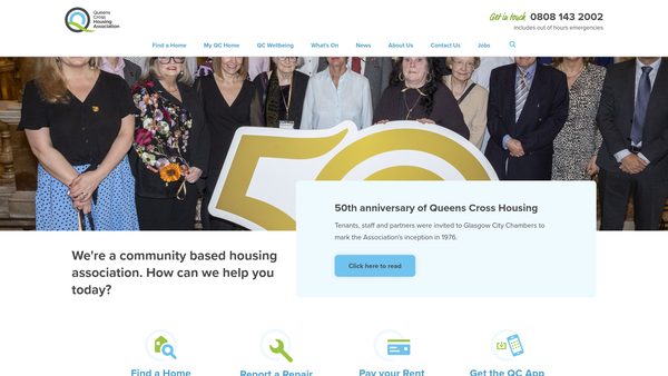 Screenshot of the Queens Cross Housing Association Limited website
