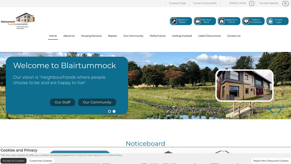 Screenshot of the Blairtummock Housing Association website