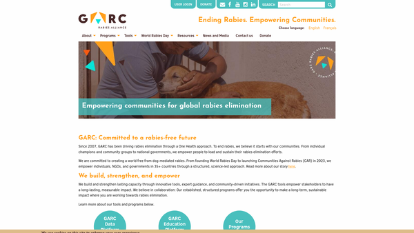 Screenshot of the Alliance for Rabies Control website