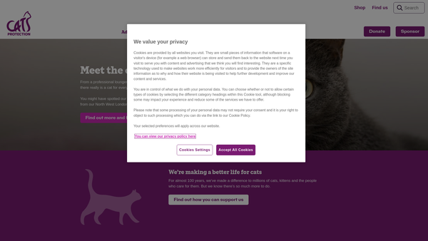Screenshot of the Cats Protection website