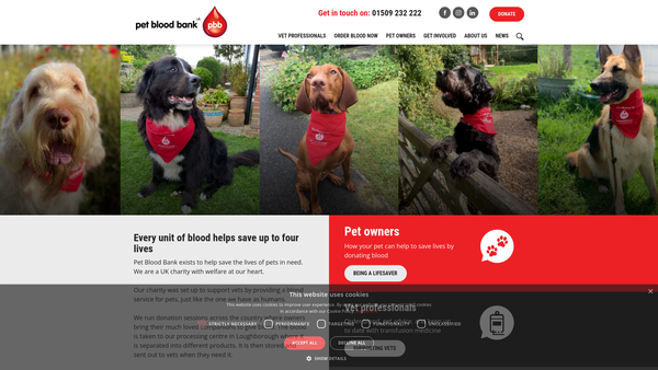 Screenshot of the Pet Blood Bank UK website