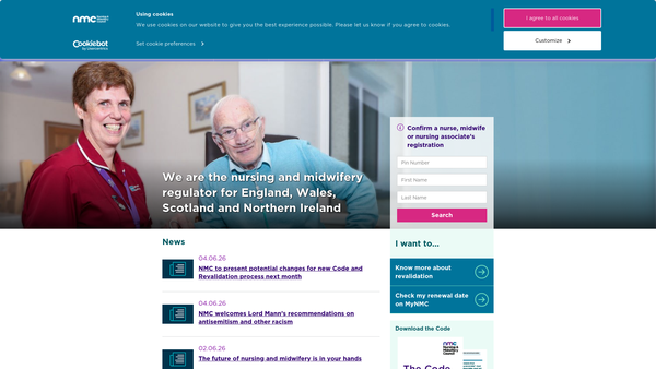 Screenshot of the Nursing And Midwifery Council website