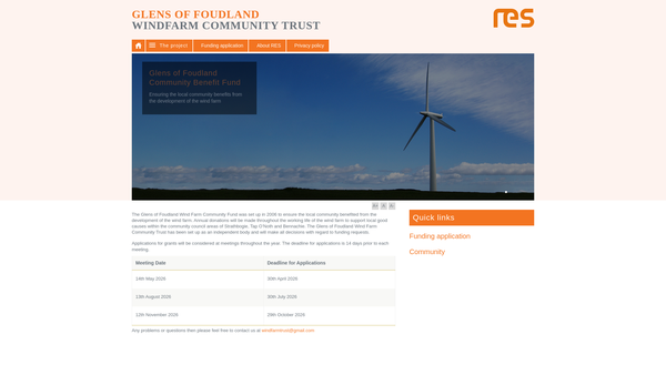 Screenshot of the Glens Of Foudland Wind Farm Community Trust website