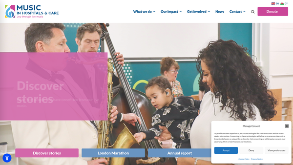 Screenshot of the Music in Hospitals and Care website