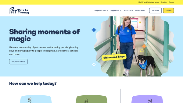 Screenshot of the Pets As Therapy website