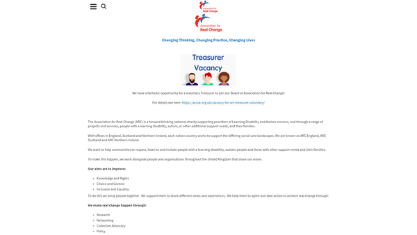 Screenshot of the Association for Real Change website
