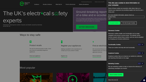 Screenshot of the The Electrical Safety Council website