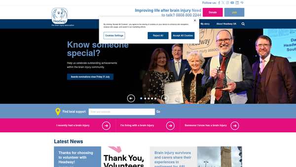 Screenshot of the Headway - The Brain Injury Association website