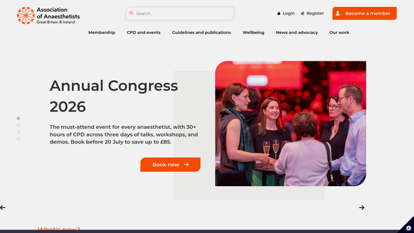 Screenshot of the Association of Anaesthetists (Great Britain & Ireland) website