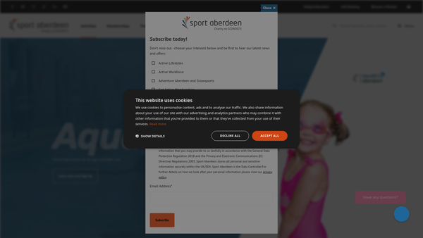 Screenshot of the Sport Aberdeen website