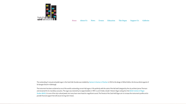 Screenshot of the The Friends of the Caird Hall Organ website