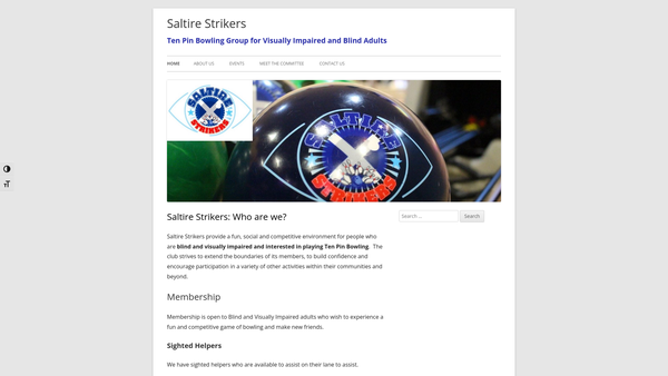Screenshot of the Saltire Strikers Ten Pin Bowling Club for Blind and Visually Impaired Adults website
