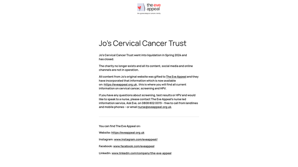 Screenshot of the Jo's Cervical Cancer Trust (subject to insolvency proceedings) website