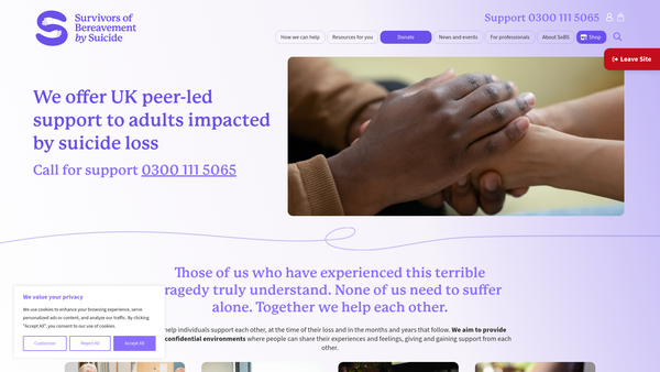 Screenshot of the Survivors of Bereavement by Suicide website