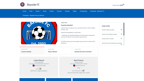 Screenshot of the Bayside Football Club website