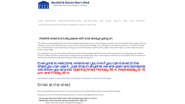 Screenshot of the Westhill & District Men's Shed website