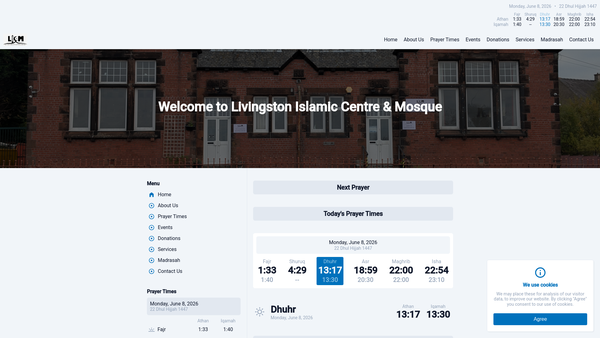 Screenshot of the Livingston Islamic Centre and Mosque website